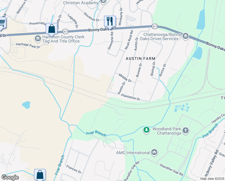 map of restaurants, bars, coffee shops, grocery stores, and more near 7471 Austin Drive in Chattanooga