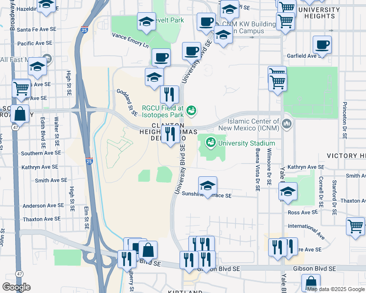 map of restaurants, bars, coffee shops, grocery stores, and more near 1414 University Boulevard Southeast in Albuquerque