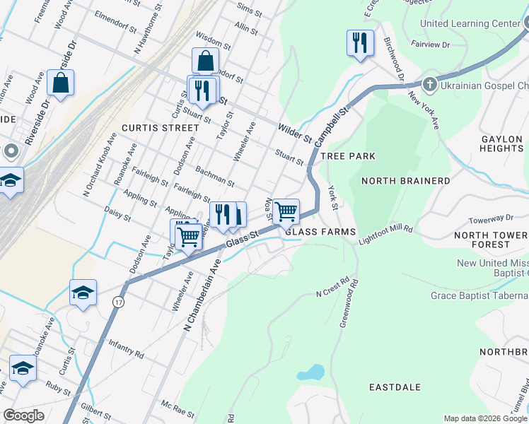 map of restaurants, bars, coffee shops, grocery stores, and more near 2619 Andrews Street in Chattanooga