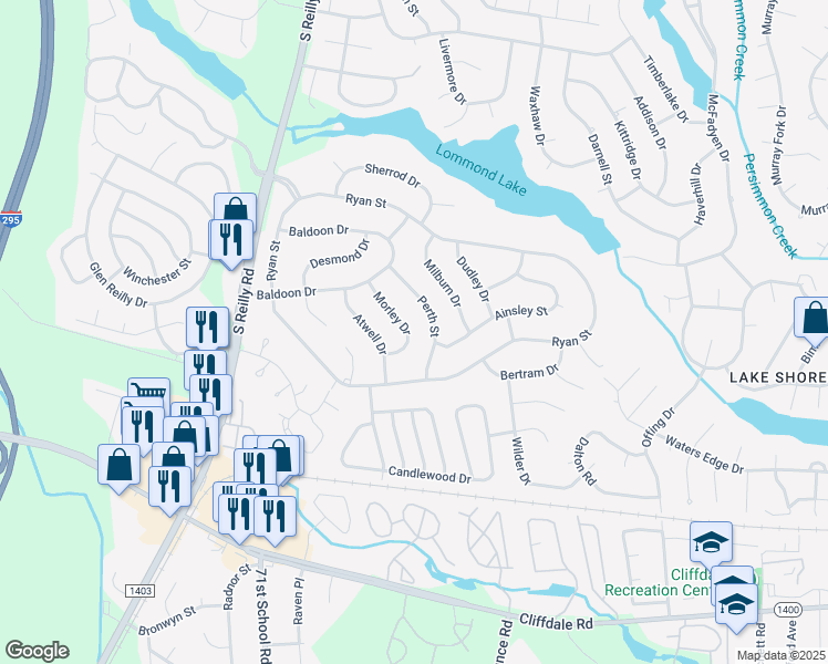 map of restaurants, bars, coffee shops, grocery stores, and more near 419 Morley Drive in Fayetteville