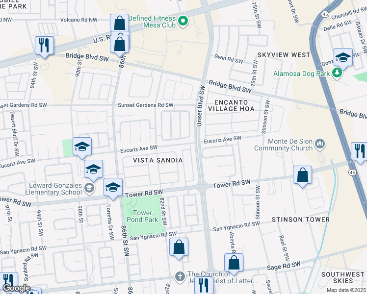map of restaurants, bars, coffee shops, grocery stores, and more near 7915 Crestside Lane Southwest in Albuquerque