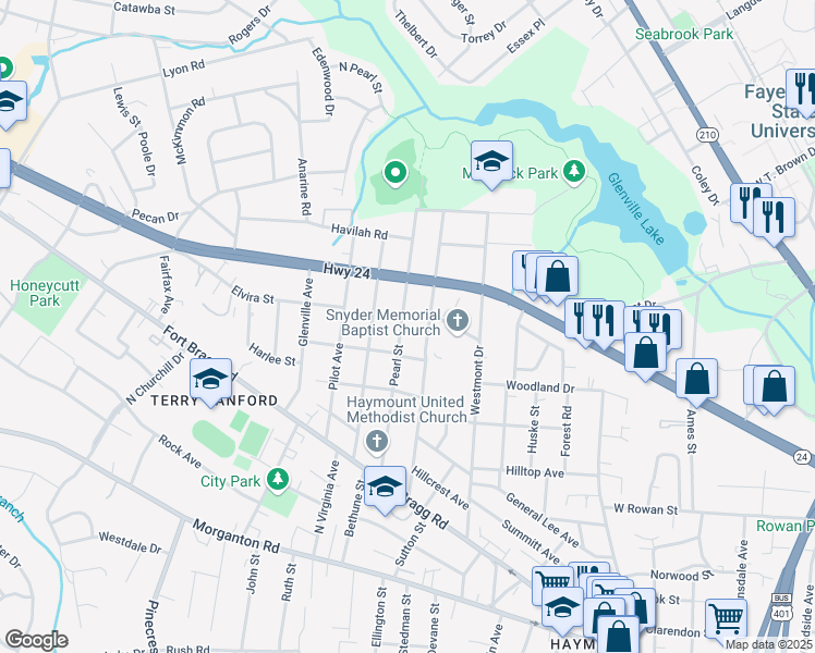 map of restaurants, bars, coffee shops, grocery stores, and more near 534 Pearl Street in Fayetteville