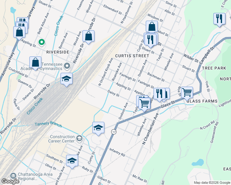 map of restaurants, bars, coffee shops, grocery stores, and more near 2017 Daisy Street in Chattanooga