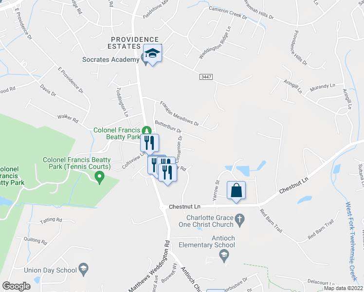 map of restaurants, bars, coffee shops, grocery stores, and more near 5100 Cinnamon Drive in Matthews