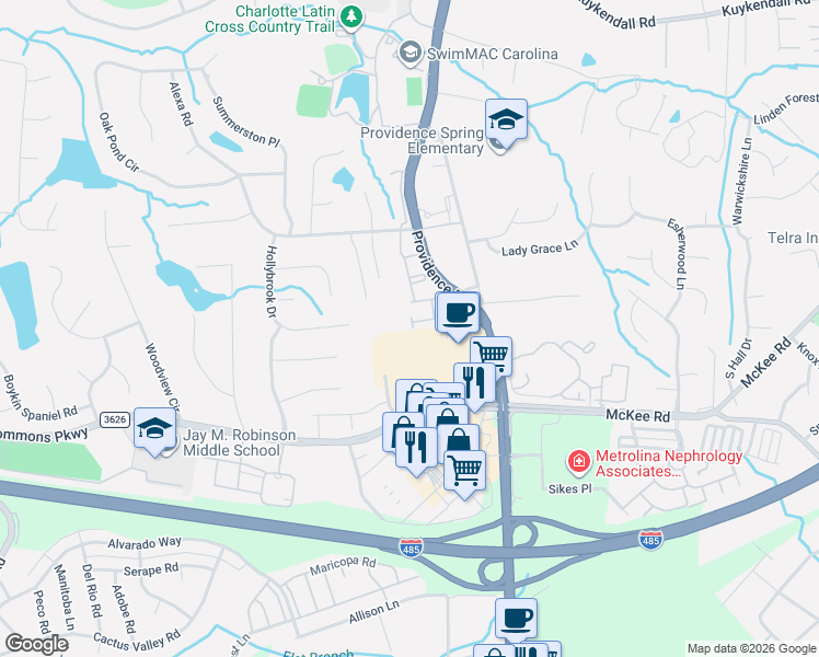 map of restaurants, bars, coffee shops, grocery stores, and more near 10416 Berkeley Woods Lane in Charlotte