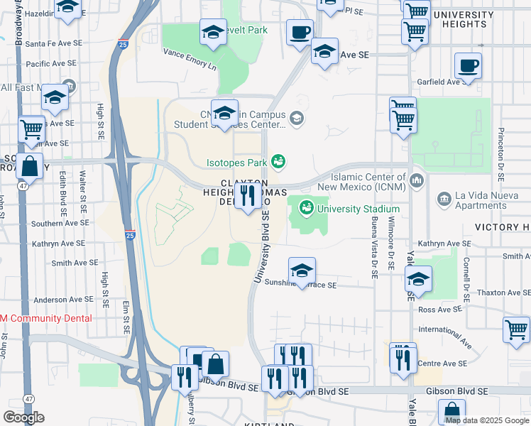 map of restaurants, bars, coffee shops, grocery stores, and more near 1401 University Boulevard Southeast in Albuquerque