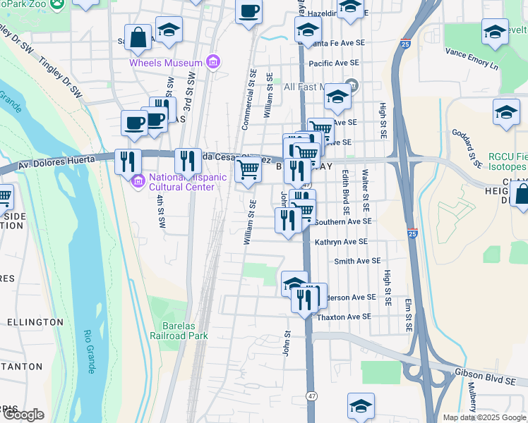 map of restaurants, bars, coffee shops, grocery stores, and more near 209 Southern Avenue Southeast in Albuquerque