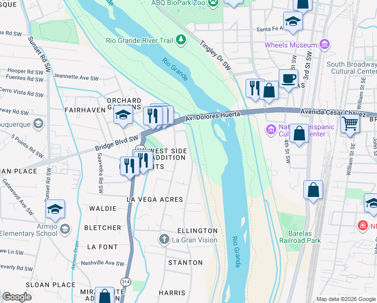 map of restaurants, bars, coffee shops, grocery stores, and more near 183 Riverside Drive Southwest in Albuquerque