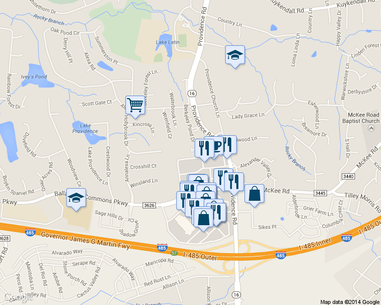 map of restaurants, bars, coffee shops, grocery stores, and more near 10416 Berkeley Woods Lane in Charlotte