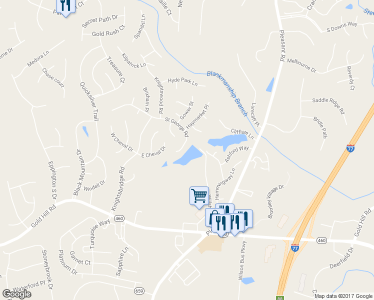 map of restaurants, bars, coffee shops, grocery stores, and more near 535 Saint George Road in Fort Mill