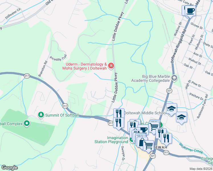 map of restaurants, bars, coffee shops, grocery stores, and more near 9100 Integra Hills Lane in Ooltewah