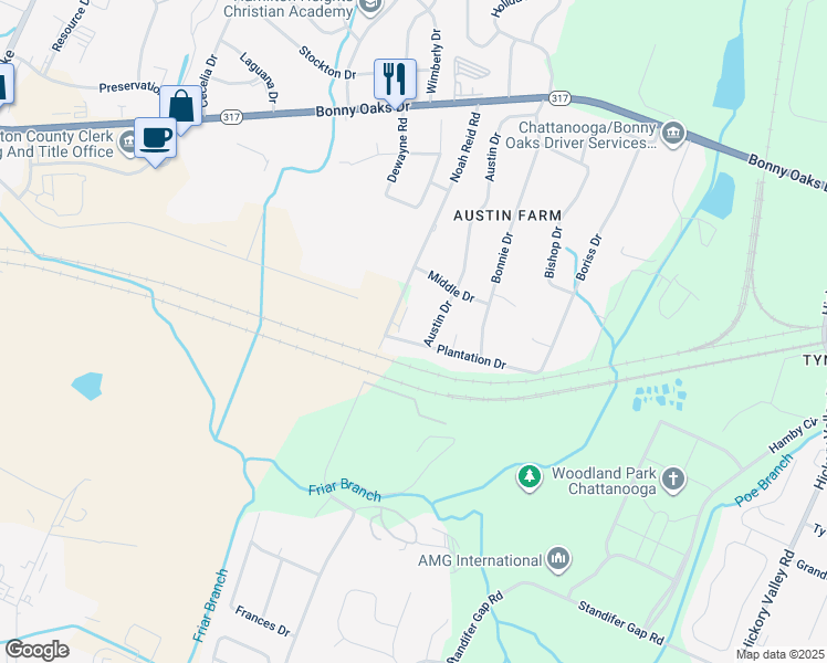 map of restaurants, bars, coffee shops, grocery stores, and more near 7471 Austin Drive in Chattanooga