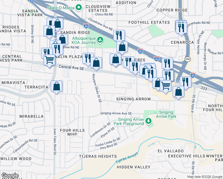 map of restaurants, bars, coffee shops, grocery stores, and more near 300 Dunes Place Southeast in Albuquerque