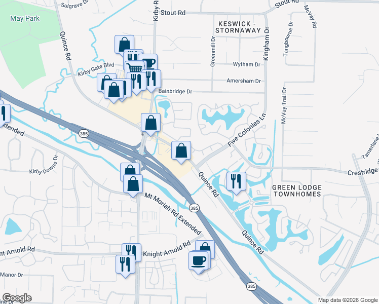map of restaurants, bars, coffee shops, grocery stores, and more near 2981 Kin Cove in Memphis