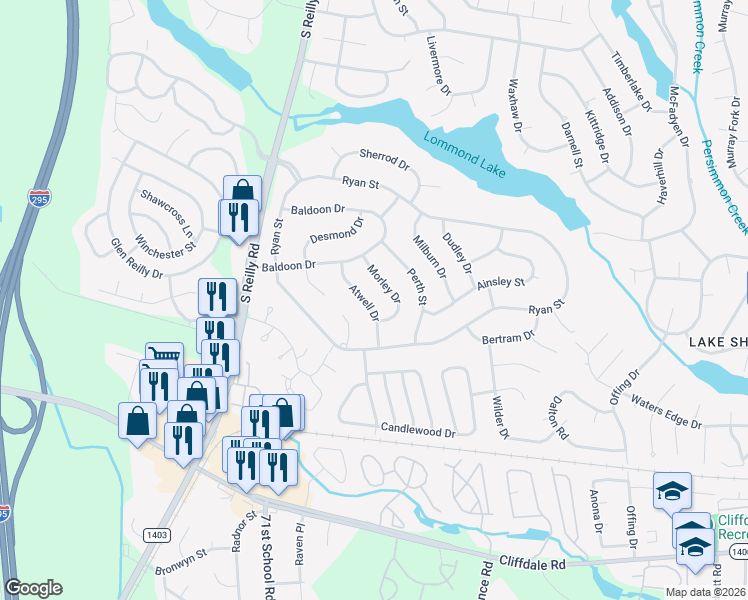 map of restaurants, bars, coffee shops, grocery stores, and more near 414 Atwell Drive in Fayetteville