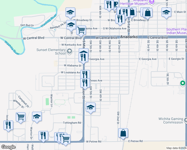 map of restaurants, bars, coffee shops, grocery stores, and more near 813 Southwest 5th Street in Anadarko