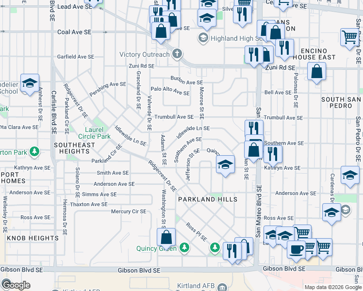 map of restaurants, bars, coffee shops, grocery stores, and more near 4738 Southern Avenue Southeast in Albuquerque