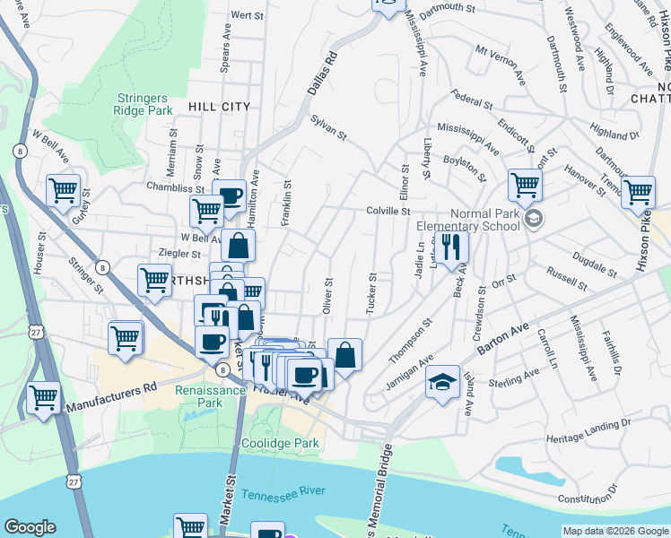 map of restaurants, bars, coffee shops, grocery stores, and more near 513 Druid Lane in Chattanooga