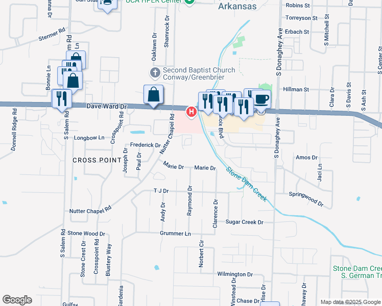 map of restaurants, bars, coffee shops, grocery stores, and more near 940 Carolyn Lane in Conway
