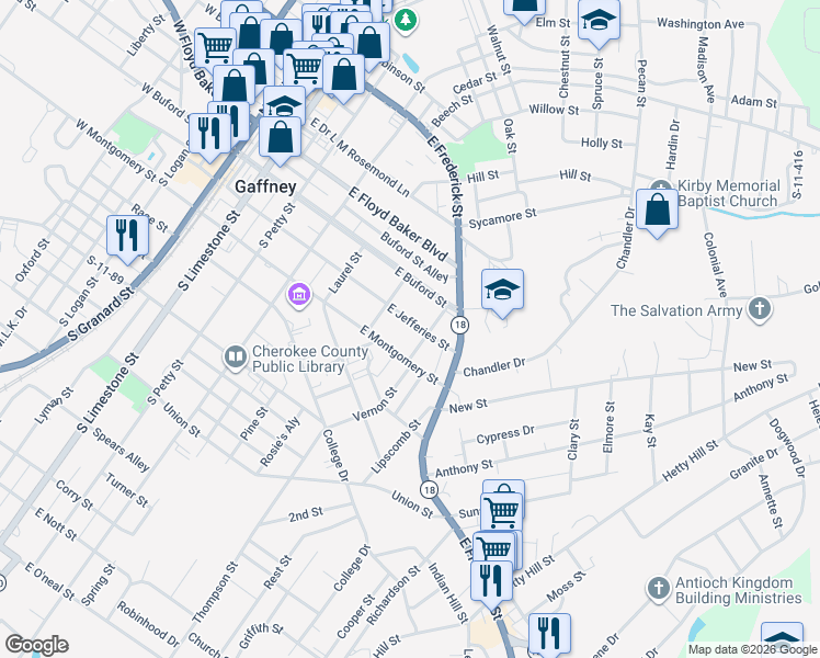 map of restaurants, bars, coffee shops, grocery stores, and more near 600 East Jefferies Street in Gaffney