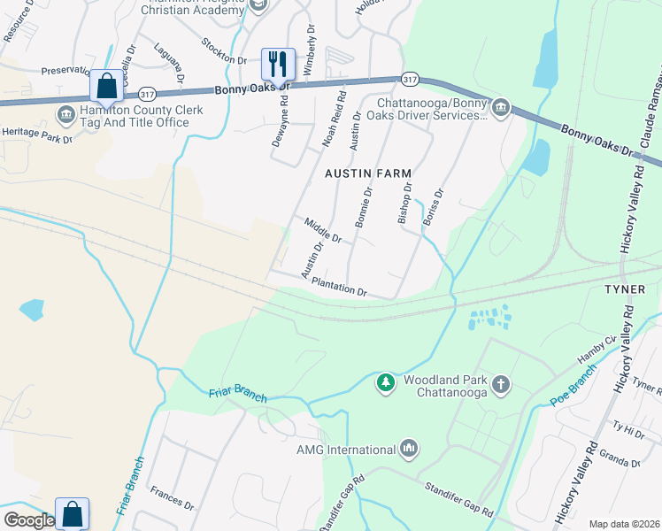 map of restaurants, bars, coffee shops, grocery stores, and more near 6423 Plantation Drive in Chattanooga