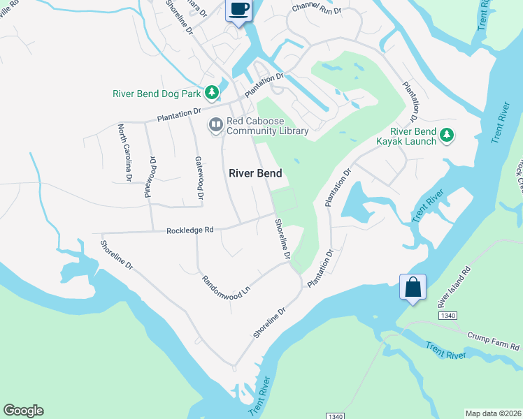 map of restaurants, bars, coffee shops, grocery stores, and more near 202 Rockledge Road in New Bern