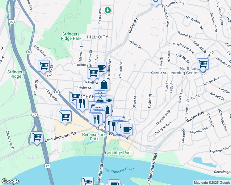 map of restaurants, bars, coffee shops, grocery stores, and more near 512 Woodland Avenue in Chattanooga