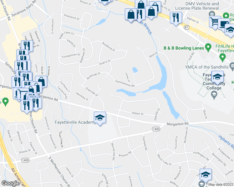 map of restaurants, bars, coffee shops, grocery stores, and more near 178 Ellerslie Drive in Fayetteville