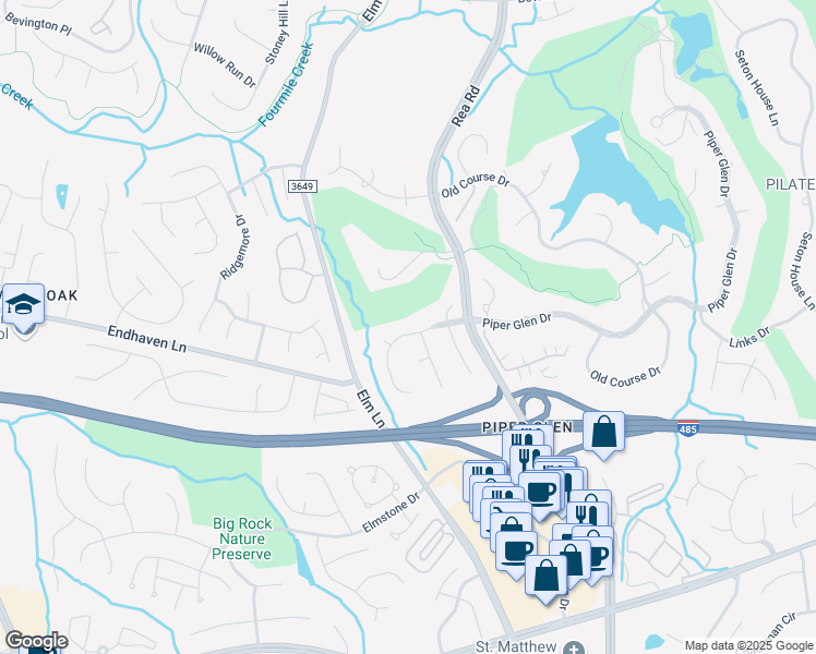 map of restaurants, bars, coffee shops, grocery stores, and more near 5406 Piper Glen Drive in Charlotte