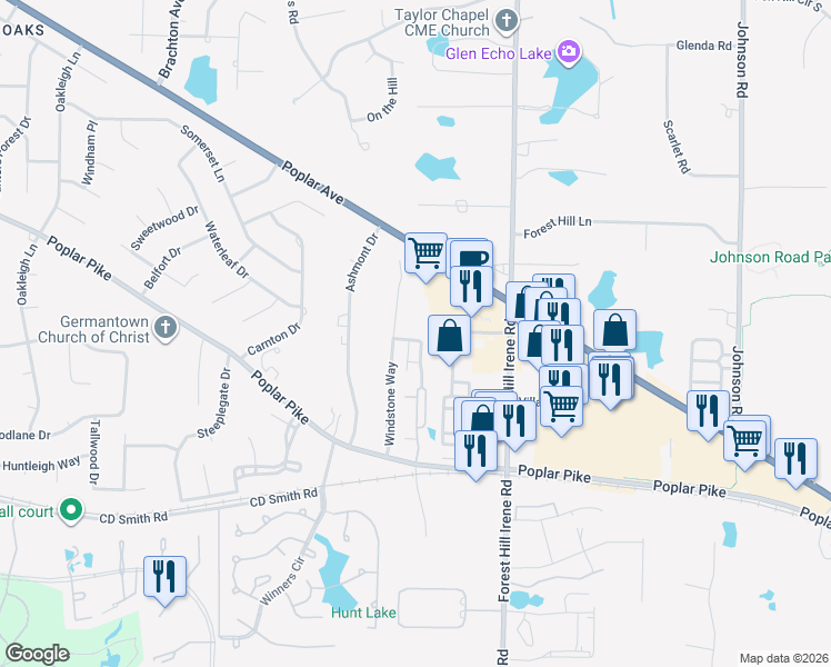 map of restaurants, bars, coffee shops, grocery stores, and more near 2998 Oakleigh Manor Cove in Germantown
