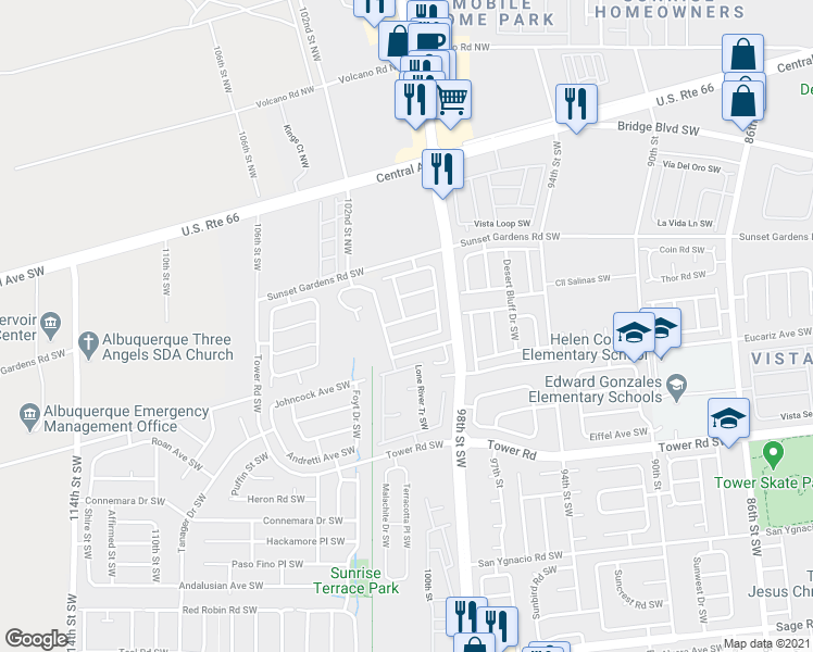 map of restaurants, bars, coffee shops, grocery stores, and more near 10000 Rawhide Avenue Southwest in Albuquerque