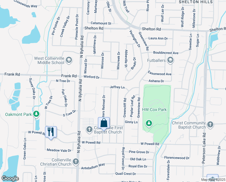 map of restaurants, bars, coffee shops, grocery stores, and more near 1016 Quail Chase Lane in Collierville