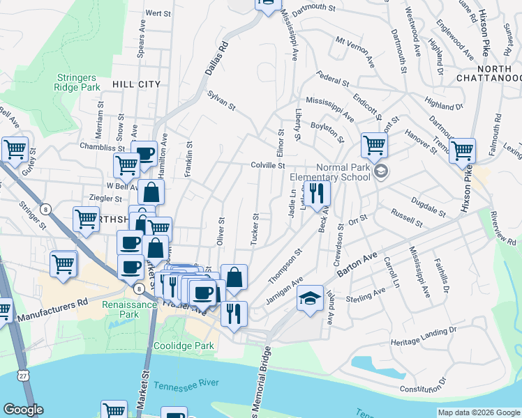 map of restaurants, bars, coffee shops, grocery stores, and more near 517 Colby Street in Chattanooga
