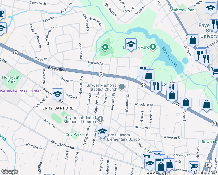 map of restaurants, bars, coffee shops, grocery stores, and more near 534 Pearl Street in Fayetteville