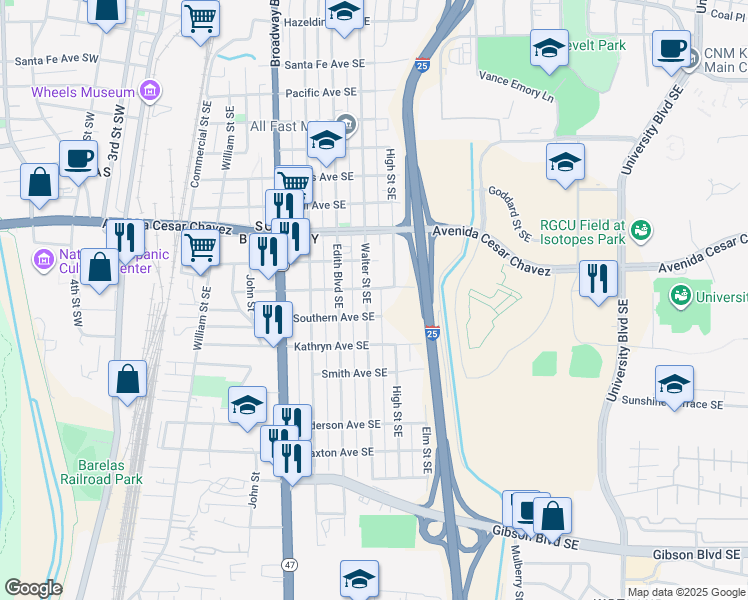 map of restaurants, bars, coffee shops, grocery stores, and more near 1624 Walter Street Southeast in Albuquerque