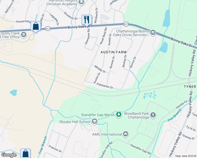 map of restaurants, bars, coffee shops, grocery stores, and more near 6423 Plantation Drive in Chattanooga
