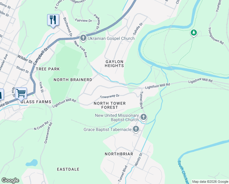 map of restaurants, bars, coffee shops, grocery stores, and more near 3047 Towerway Drive in Chattanooga