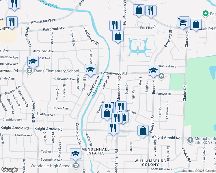 map of restaurants, bars, coffee shops, grocery stores, and more near 5281 Dargen Avenue in Memphis