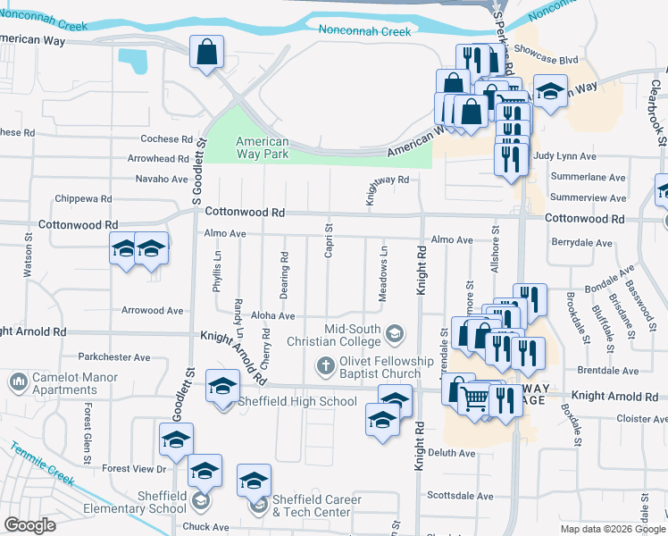 map of restaurants, bars, coffee shops, grocery stores, and more near 3000 Capri Street in Memphis