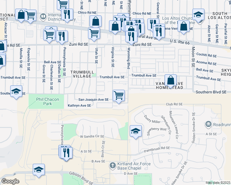 map of restaurants, bars, coffee shops, grocery stores, and more near 612 Virginia Street Southeast in Albuquerque