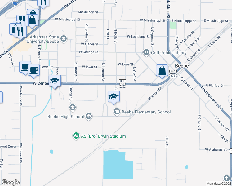 map of restaurants, bars, coffee shops, grocery stores, and more near 117 S Holly St in Beebe