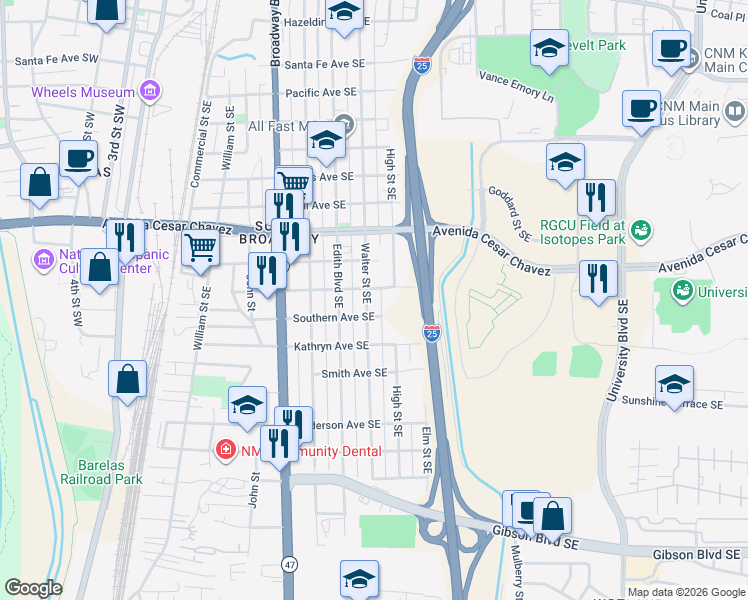 map of restaurants, bars, coffee shops, grocery stores, and more near 1624 Walter Street Southeast in Albuquerque
