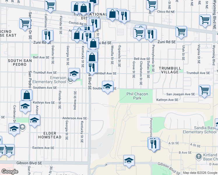 map of restaurants, bars, coffee shops, grocery stores, and more near 7411 Southern Avenue Southeast in Albuquerque