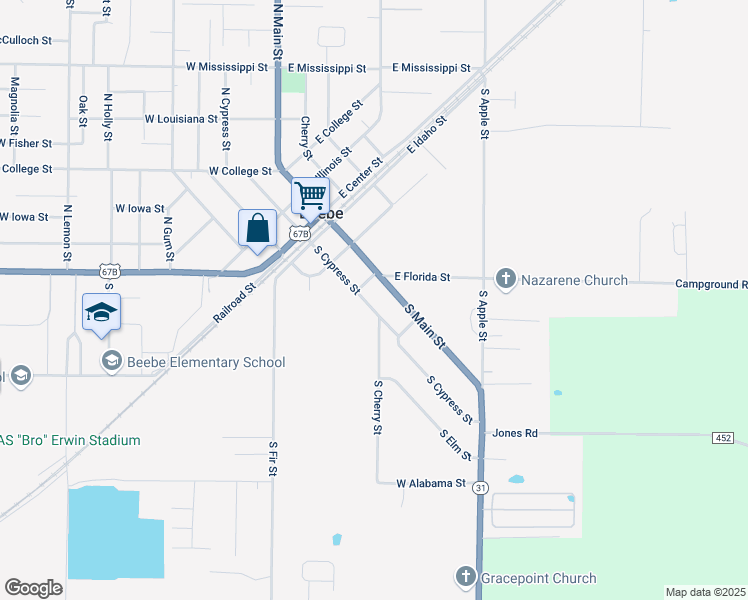 map of restaurants, bars, coffee shops, grocery stores, and more near 305 South Cypress Street in Beebe