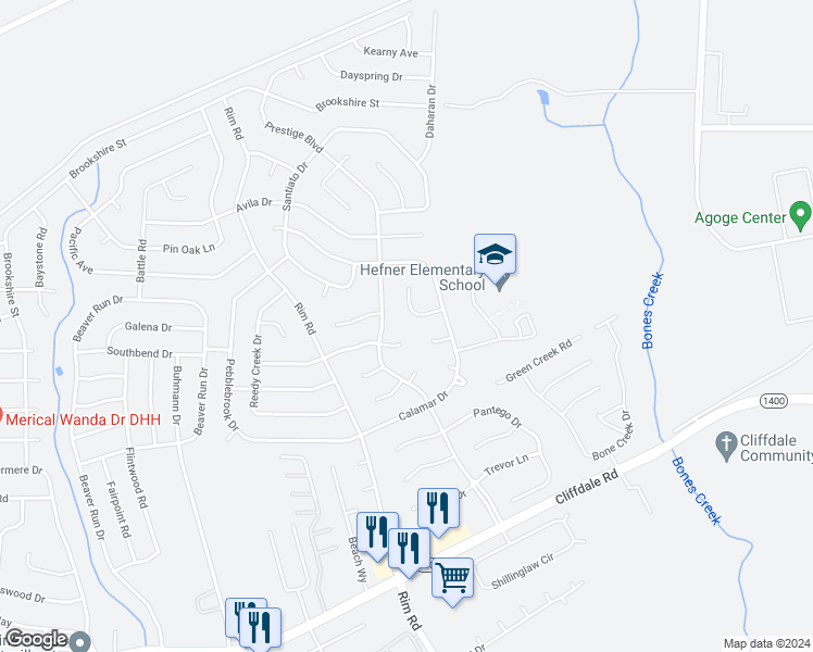map of restaurants, bars, coffee shops, grocery stores, and more near 7017 Cordoba Court in Fayetteville