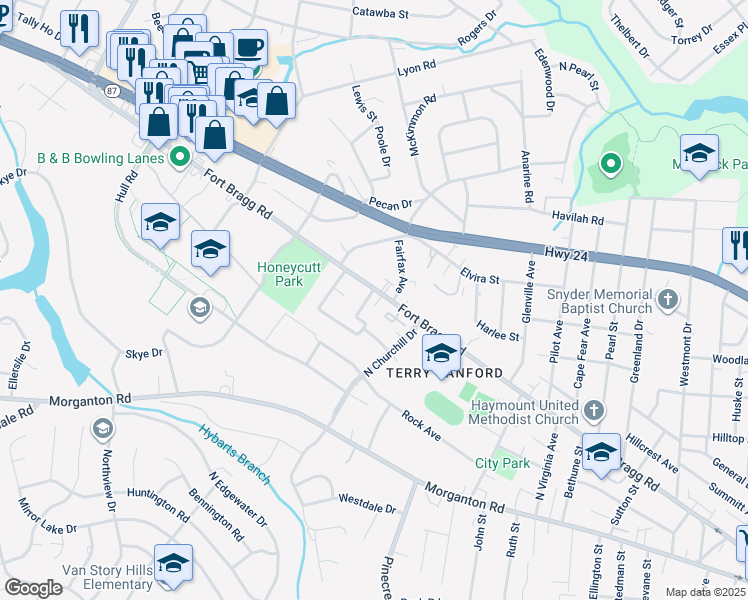map of restaurants, bars, coffee shops, grocery stores, and more near 2509 Fort Bragg Road in Fayetteville