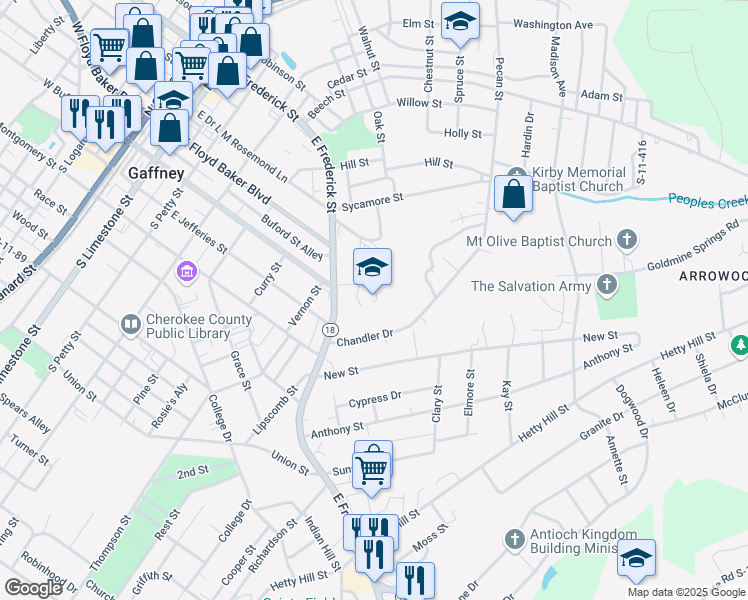 map of restaurants, bars, coffee shops, grocery stores, and more near 805 East Frederick Street in Gaffney
