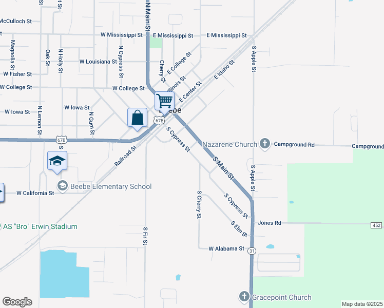 map of restaurants, bars, coffee shops, grocery stores, and more near 305 South Cypress Street in Beebe