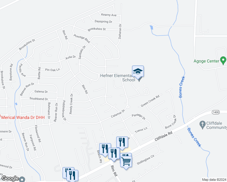 map of restaurants, bars, coffee shops, grocery stores, and more near 7017 Cordoba Court in Fayetteville