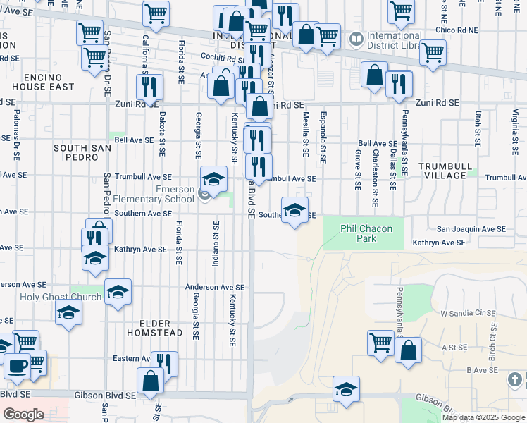 map of restaurants, bars, coffee shops, grocery stores, and more near 643 Alcazar Street Southeast in Albuquerque